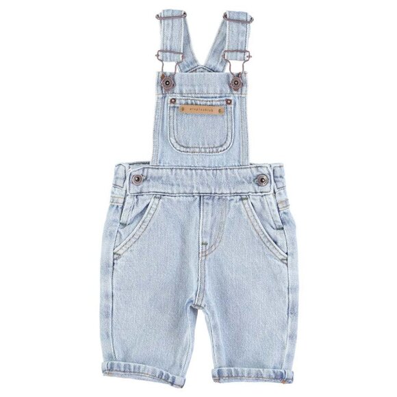Baby Unisex Dungarees w/ Green Logo - Washed Light Blue Denim - Picture 1 of 2